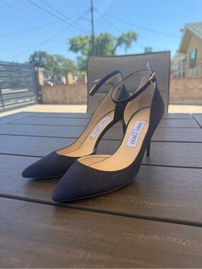 Jimmy Choo Navy Suede Pointed Toe Ankle-Strap Pumps
